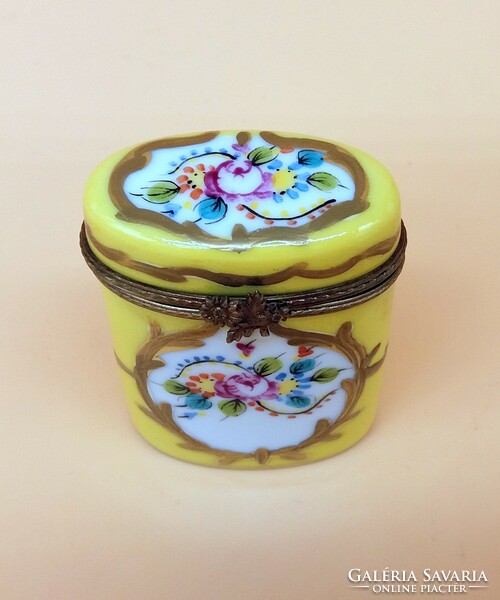 Antique Limoges porcelain bowl with metal fittings, box bonbonier with hand-painted rose decor