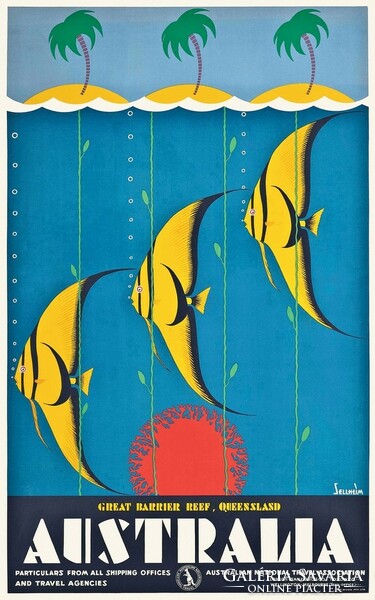Art deco minimalista vintage reklám plakát REPRINT, Ausztrália korallzátony vitorlás hal pálmafa