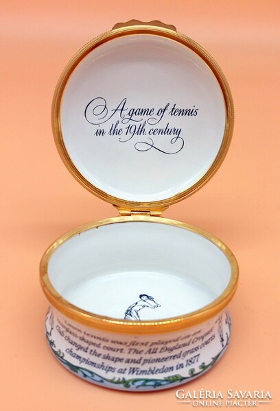 English porcelain box with tennis-themed enamel decoration, metal fixture