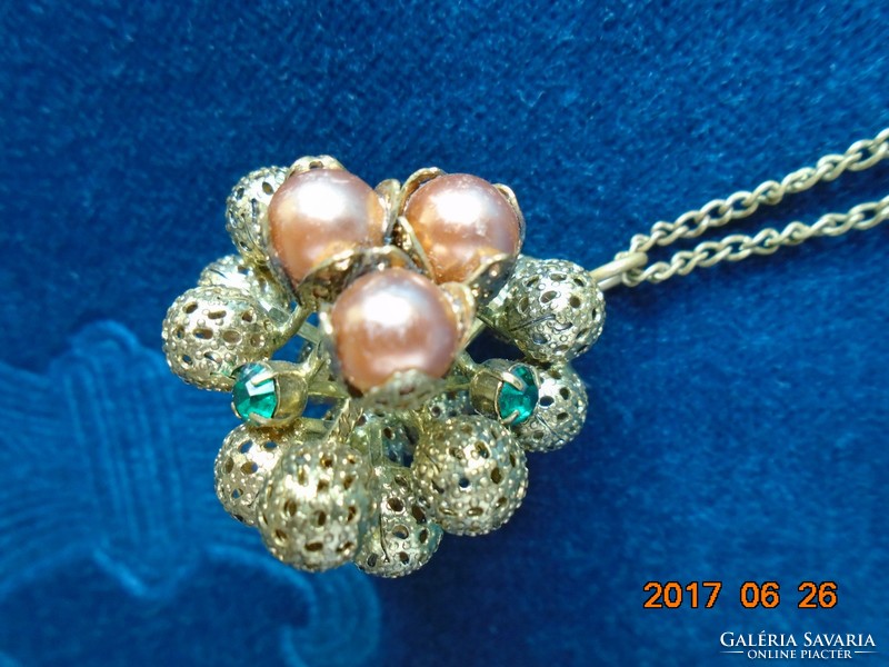 Victorian filigree fire gilded ball pendant with pink pearls and emerald green stones