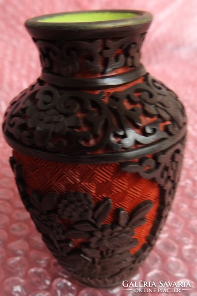 Kínai cinóber lakk váza- virágmintával