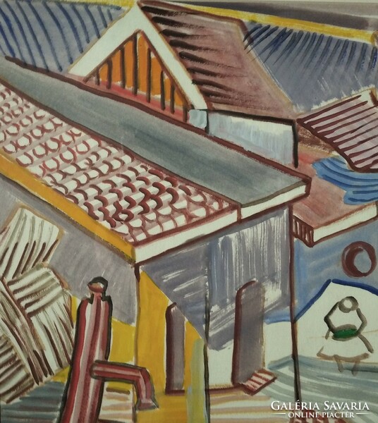 RITKA! Klie Zoltán "Falusi ház figurákkal" c. konstruktív akvarellje 1962-ből!