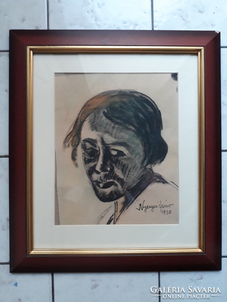 János Nyergesi: portrait, original marked, mixed media, 1930