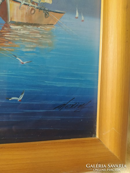 Alexioy - Kikötő szignózott fetmény eredeti, üvegezett keretében, 68 x 58 cm