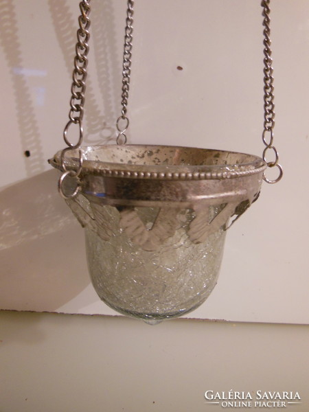 Candle holder - metal - thick - heavy - glass -11 x 11 cm - + chain 36 cm - flawless