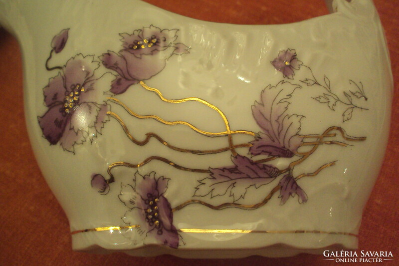 Gondola-shaped - art nouveau - purple + gold mallow pattern, saucer with saucer.