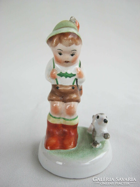 Retro ... Bodrogkeresztúr ceramic figurine nipp hunting boy with dog