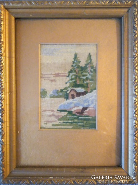 For sale, small-sized pictures made with tapestry technique, in a gilded frame