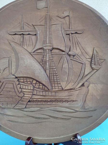 Wooden carved sailing ship wall plate