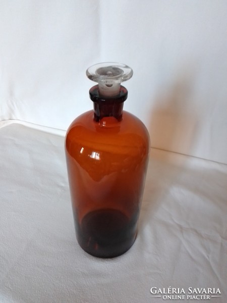 Old vintage brown pharmacy apothecary laboratory lab glass storage with stopper, 22 cm high