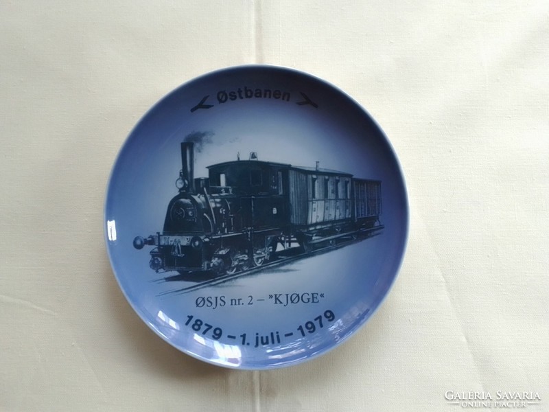 Blue Danish porcelain wall plate, old steam locomotive, railway, train, anniversary, numbered, marked, 1979