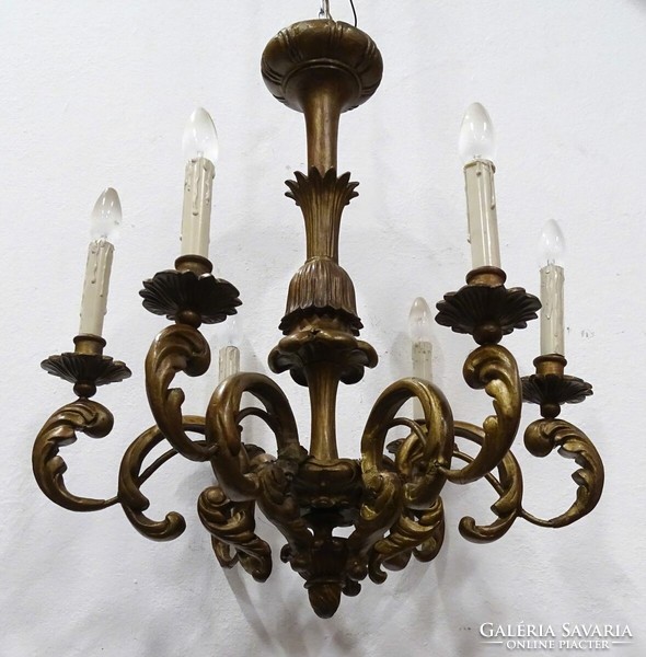 1K392 antique gilded six-arm carved wooden chandelier 70 x 60 cm