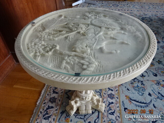 Chinese alabaster antique, carved side table with glass top, vintage style. He has!