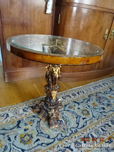 Chinese alabaster antique, carved side table with glass top. Vintage style. He has!