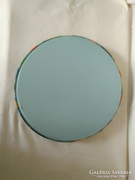 Colorful, round retro enameled metal tray from the early 80s, jeans, denim pattern, with rim