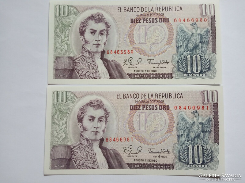 Unc 10 Pesos Kolumbia  1980  !! Sorkövető !!!