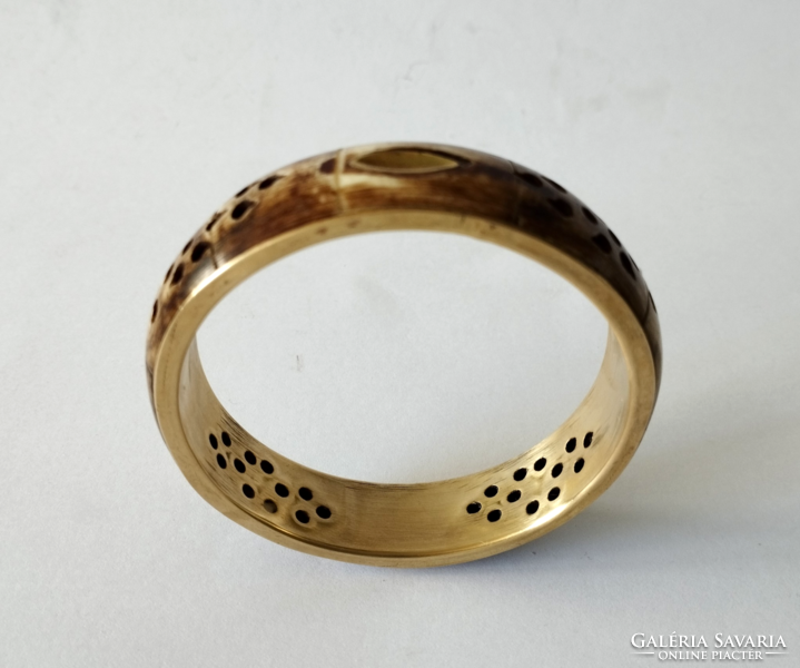 Vintage copper - bone inlay, openwork pattern rigid bracelet