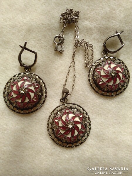 Enameled silver earrings and pendant on an old chain!