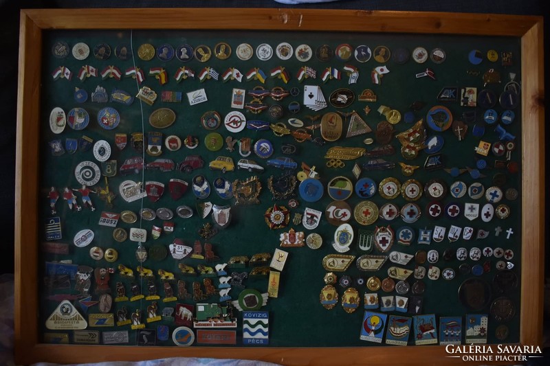 Collection of Soviet and Hungarian awards and badges in 15 glass panels