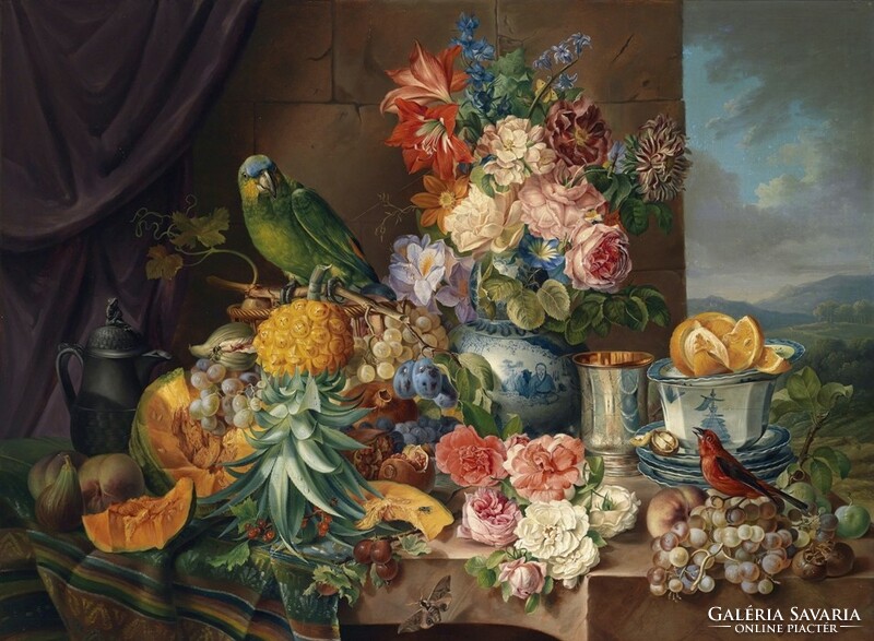 Schuster - Csendélet virágokkal és papagájjal - vakrámás vászon reprint