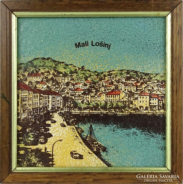 1K407 xx. 19th-century Yugoslav artist: framed Mali Losinj cityscape enamel picture 17 x 17 cm