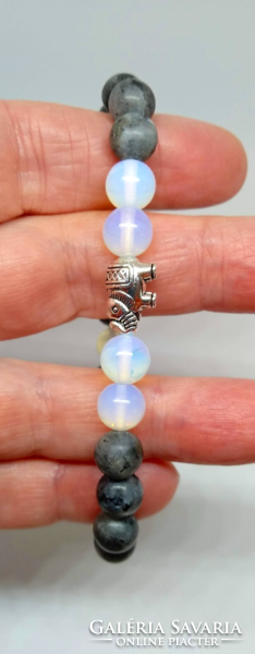 Natural Larvikite and Opalite Mineral Bracelet 8mm Beads with Elephant Charm