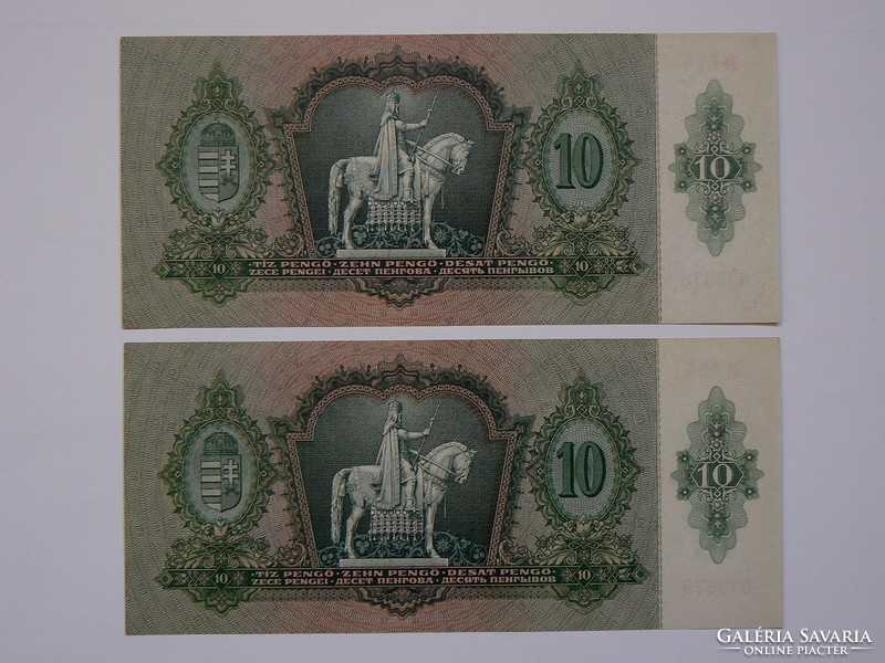 Two serial number ten pengős 1936. December 22, Aunc-unc. Banknote, lower serial number!