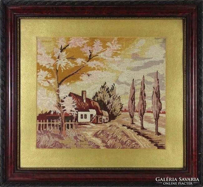1K430 old tapestry landscape in mahogany frame 48 x 52.5 Cm