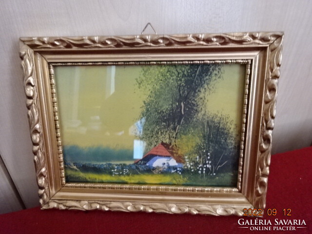 Painting, watercolor farm landscape, unknown painter, protected by glass sheet. He has! Jokai.