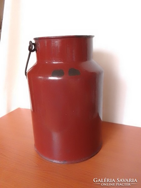 Brown retro vintage old enameled milk jug 5 liters, ladle, enameled metal vessel with wooden tongs