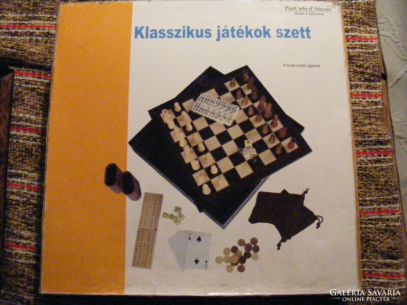 Classic wooden games set chess, checkers, backgammon, cards, cribbage