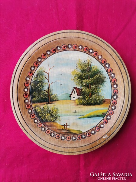 Old wooden wall plate, hand painted wall hanger, retro wooden dinner plate