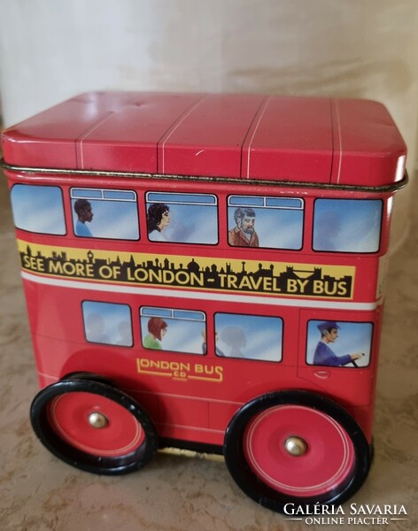 Retro fém lemez emeletes London busz ritka kerekeken guruló doboz
