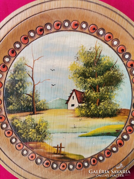 Old wooden wall plate, hand painted wall hanger, retro wooden dinner plate