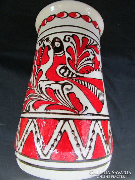 Korond bird ceramic marked Máthé Dénes retro folk vase decorated with bird height: 17 cm