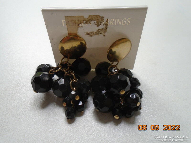 Cluster black faceted stone gold-plated earrings
