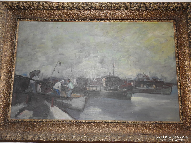 Fishermen - huge oil / canvas painting - unknown artist