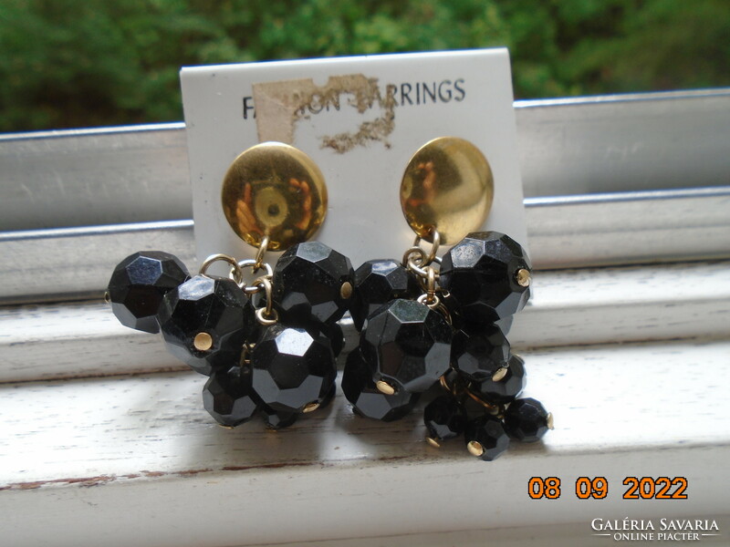 Cluster black faceted stone gold-plated earrings