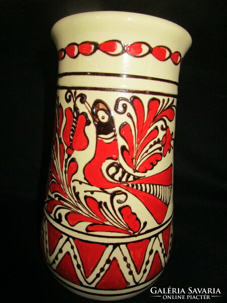 Korond bird ceramic marked Máthé Dénes retro folk vase decorated with bird height: 17 cm