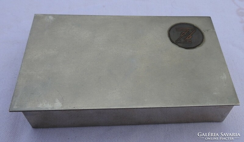 Silver-colored metal ornament - cigarette box with wooden insert - marked with z