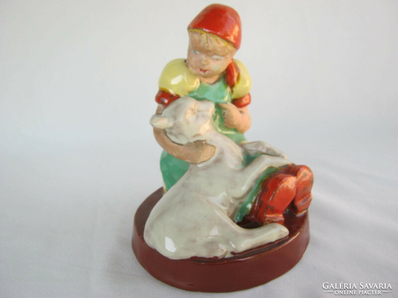 Retro ... Ceramic figurine of a little girl with a lamb marked Nyeste