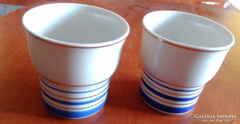 2 Raven House porcelain cups with a beautiful retro shape, a glass with a blue-gold stripe