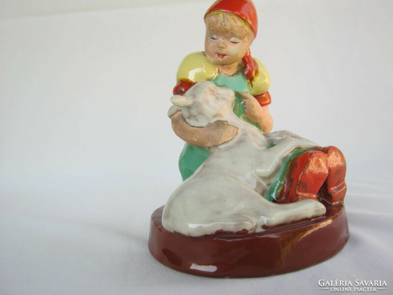 Retro ... Ceramic figurine of a little girl with a lamb marked Nyeste