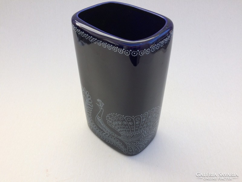Retro mid century Hollóházi kobaltkék kék páva mintás régi sötétkék váza 20,5cm