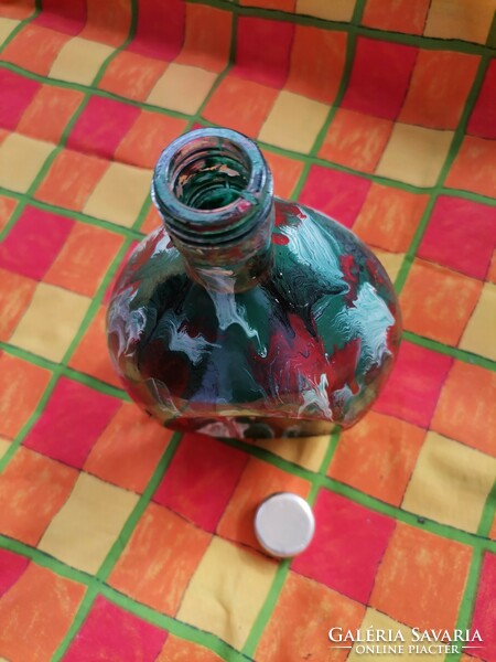 Régi retro színes italos kiöntő, kézzel festett likőrös üveg, vintage kiöntő,asztali kínáló ajándék
