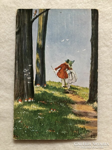 Antik romantikus képeslap - E. Busch - Postatiszta