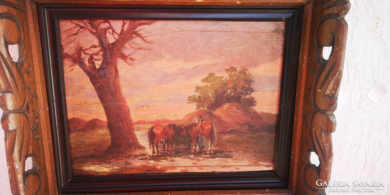 György Németh, painting in a wooden carved frame! Sunset horses painting.
