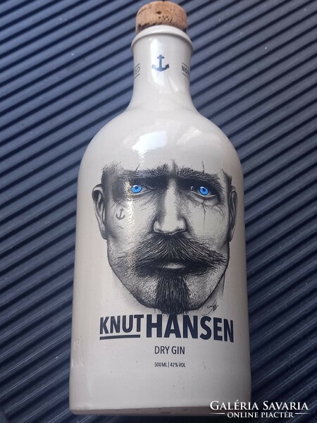 Knut Hansen keménycserép flaska, jin tartó üveg/palack/ Italos agyag palack/Ital reklám design tárgy