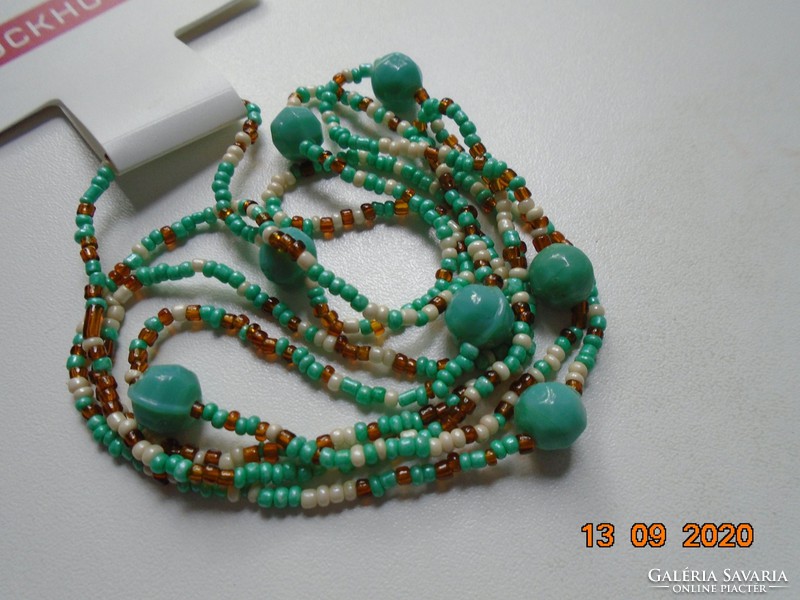 Long necklace of green, white, gold-colored small pearls, green with larger pearls 100 cm
