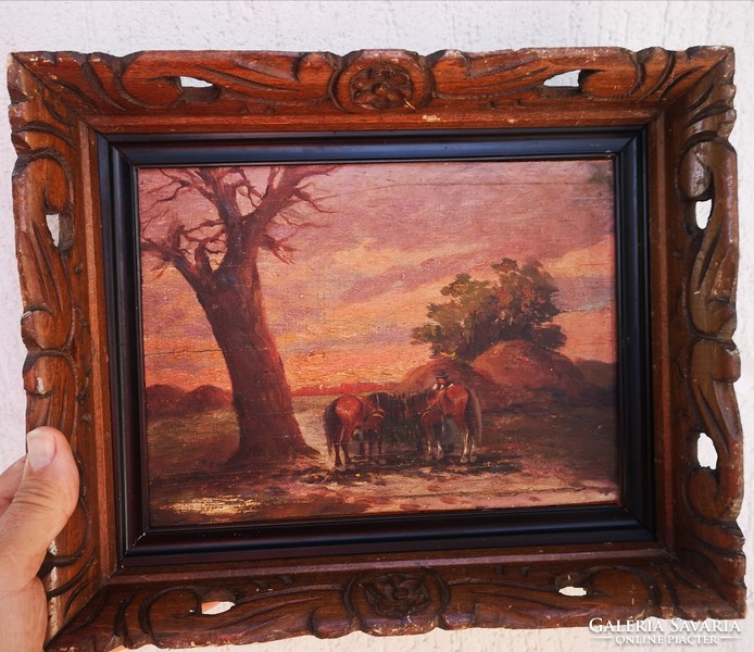 Németh György, festmény fa faragott keretben! Naplemente lovak festmény .